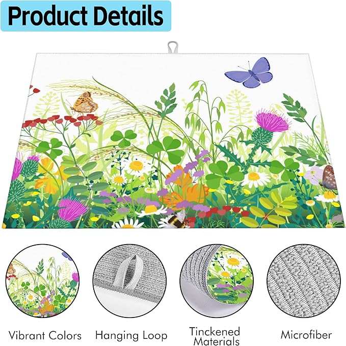 Large Dish Drying Mat for Kitchen Counter,18"X24" Meadow Plants Flowers and Butterflies Absorbent Reversible Microfiber Dish Drying Mat Dish Drainer Mat,Drying Pad for Kitchen Countertop Coffee Bar