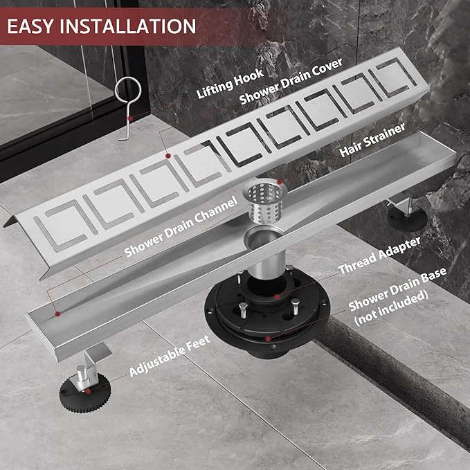 48 Inch Linear Shower Drain, Brushed Nickel Shower Drain, Removable Grate, 304 Stainless Steel, Easy to Install and Clean for Bathrooms (Drain Base Not Included), LSD-30A-48S