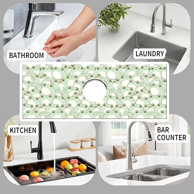 Absorbent Splash Guard Mat for Kitchen Sink, 15×5.5 Inch Cute Fast Drying Drip Catcher Behind Faucet Mat, Non-Slip, Washable Sink Mat Gadgets for Bathroom, Kitchen, Bar Green Frog