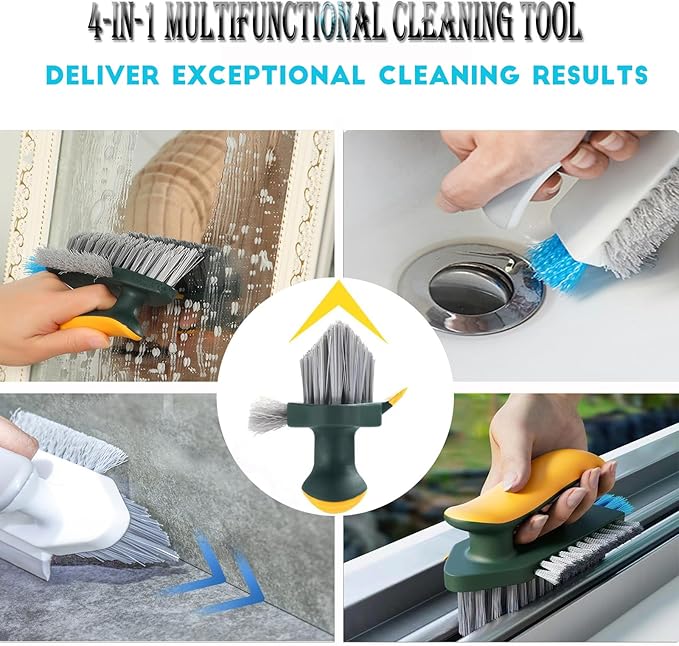 4-in-1 Grout Brush with Squeegee,Durable Bristles,Heavy-Duty Scrub Brushes for Cleaning with Stiff Bristles Cleaning Brush for Bathroom & Kitchen,Tile Floors Bathroom Wall/Corner/Window (Green)