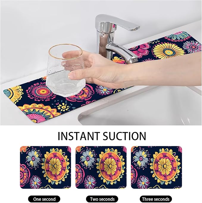 Bimkole 2 PCS Faucet Absorbent Mat, Kitchen Faucet Sink Splash Guard Wraparound Cloth Pads Drip Catcher for Sink Faucet for Kitchen Bathroom Faucet, Colorful Faucet Mat, 15 x 4 Inch Flower A6