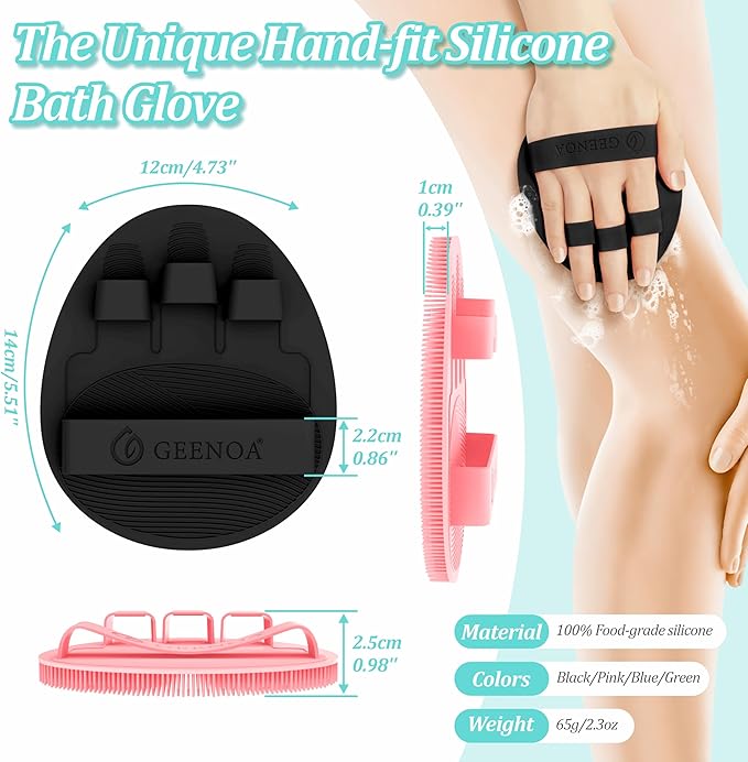 Upgrade Silicone Bath Glove 4PCS, 360° Anti-Slip & Enlarged Silicone Body Scrubber for Rich Foaming Deep Cleaning, Revolutionary No-Grip & Hand-fit Shower Scrubber for All Skin Types.(4-Color)