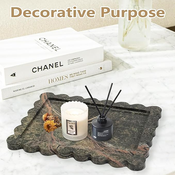 Prolee Scalloped Marble Tray,Marble Vanity Trays for Bathroom 12" x 9", Scalloped Tray,Wave Appearance Jewelry Home Decor Stone Trays for Kitchen Counter, Bathroom, Rainforest Green