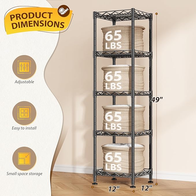 5 Tier Metal Shelving Unit Wire Shelves Storage Rack:Adjustable Storage Shelves Standing Bathroom Shelf and Narrow Small Shelf for Laundry Dorm Kitchen Pantry Closet Office 12''Wx12''Dx49''H Black