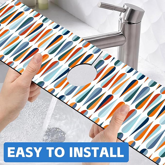 Mid-Century Drop Shapes Kitchen Sink Splash Guard Mat Absorbent Fast Drying Mat Faucet Draining Mat Sink Splash Guard Behind Faucet Drip Catcher for Kitchen Bathroom 5.5"×24"