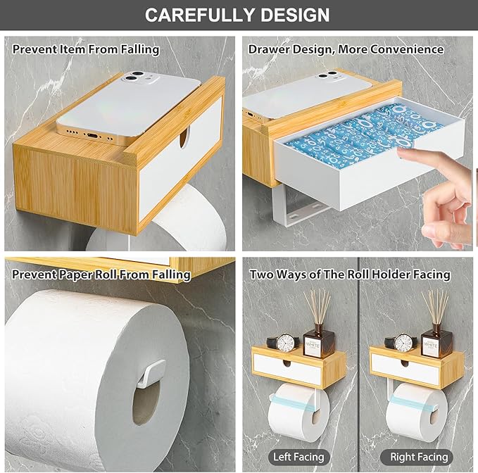 Domax Compact 7.36" Bamboo Toilet Paper Holder with Shelf and Storage Drawer - Wall Mount or Adhesive Bathroom Organizer for Tampons, Small Items, Space-Saving Design, Nature&White