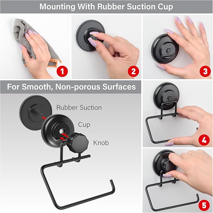 Powerful Vacuum Suction Cup Toilet Paper Holder – Wall Mount No Drilling Bathroom Stainless Steel Tissue Roll Dispenser – Adhesive 3M Stick Disc Included (Black)