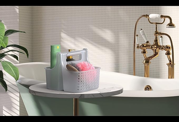 Brookstone Portable Shower Caddy Basket - BPA Free Hard Plastic Shower Caddy with Handle, College Dorm Room Essentials for Bathroom Accessories and Cabinet Organizer, Frosted Clear