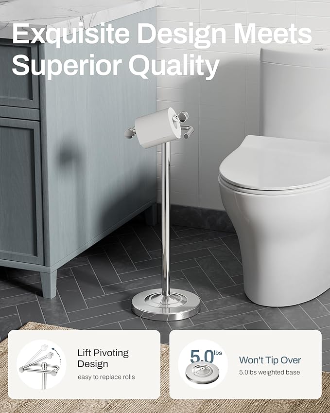Freestanding Toilet Paper Holder, Double Post Pivoting 22" Height Toilet Roll Holder Floorstanding Base Weighted, Stainless Steel Toilet Paper Holder Stand (Chrome)