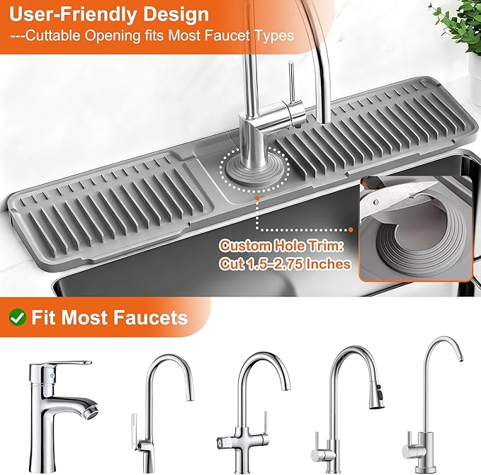 Silicone Faucet Mat for Kitchen Sink Splash Guard (24" x 5.5") - 7° Incline, Quick Self-Draining & Snap-Lock Kitchen/Bathroom Sink Protector Quick Dry Around Faucet Draining Mat Christmas Gifts