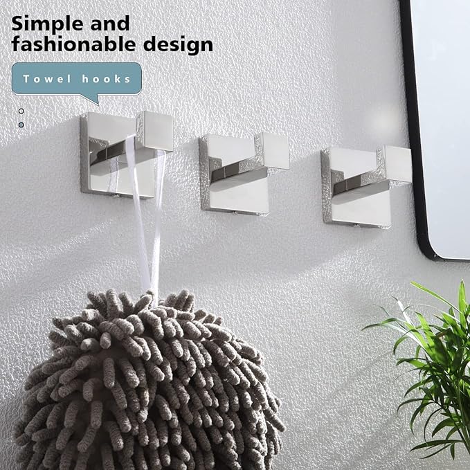 KOKOSIRI Bathoom Towel Hook Wall Mount Square Bath Robe Hook Coat Hook Kitchen Garage Heavy Duty SUS 304 Stainless Steel 3 Pack Polished Chrome B1010CH-P3