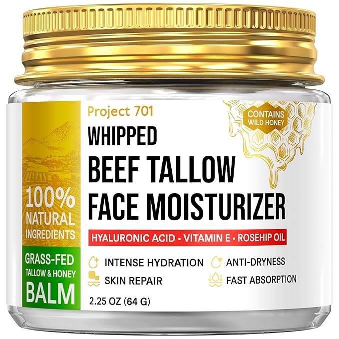 Beef Tallow Face Moisturizer - Grass Fed Tallow & Honey Balm with Liposomal Hyaluronic Acid in Glass Jar - Natural Anti Aging Day & Night Cream for Dry Sensitive Skin - 2.25 oz