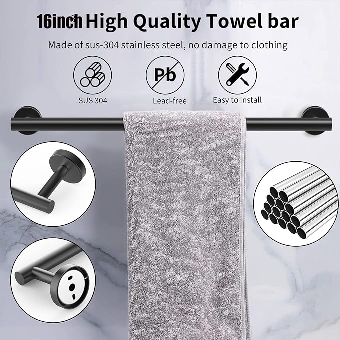 Newfun 16 Inch Matte Black Bathroom Towel Bar,2Pcs Towel Racks for Bathroom Rod Classic SUS304 Stainless Steel Bathroom Towel Holder Wall Mounted