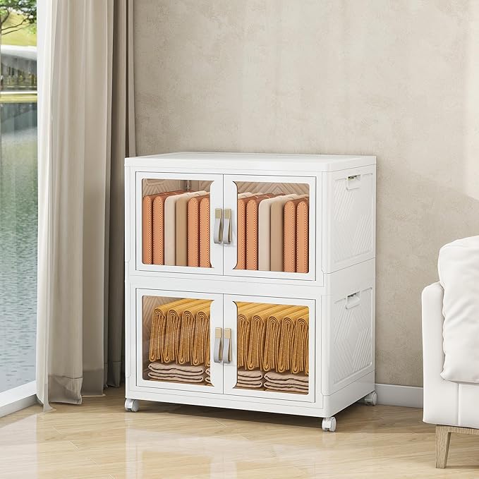 Large Stackable Storage Bins with Lids, 220QT-110QT*2Tier Foldable Cabinet for Closet Organizers, Plastic Storage Containers Box with Wheels