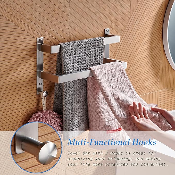 Bath Double Towel Bars with Hooks, 16 Inch Brushed Stainless Steel Towel Rail, Wall Mount Towel Rack for Bathroom Lavatory