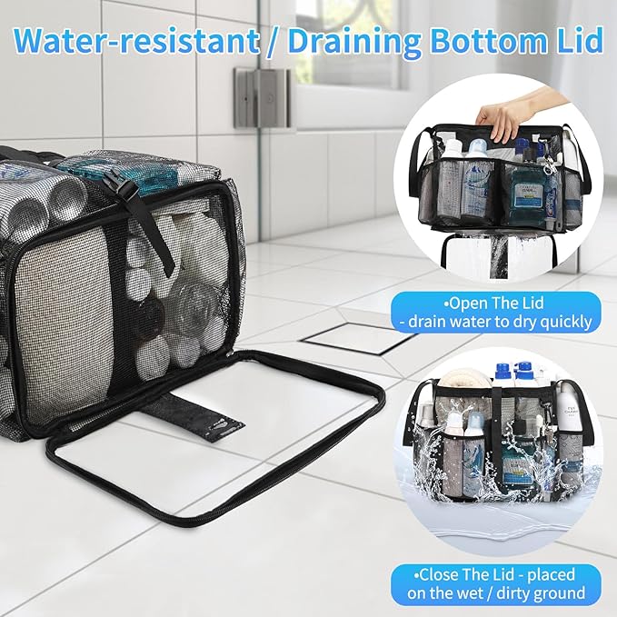 Mesh Shower Caddy Portable, Quick Dry Hanging Toiletry Bag for College Dorm Essentials with 4 Pockets/Divider/Plastic Bottom, Travel Tote Bag for Camping, Bathroom, Beach, Swimming, Gym