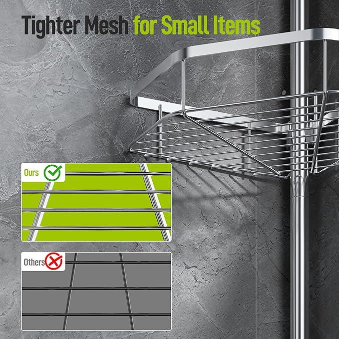 LAMU Corner Shower Caddy Tension Pole, Stainless Steel Shower Organizer, Strong Spring, 5 Adhesive Pads, 2.4" Non-Slip Grid Base, Adjustable 4-Tier Basket, 4 Hooks, Fits Heights 37.8-124", Silver