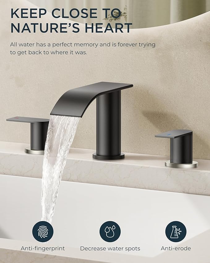 FORIOUS Bathroom Faucets, Waterfall Bathroom Sink Faucet with Metal Pop up Drain and cUPC Hose for Basin, Vanity, RV, Pedestal 2 or 3 Hole Sink, 8 Inch, Black and Brushed Nickel