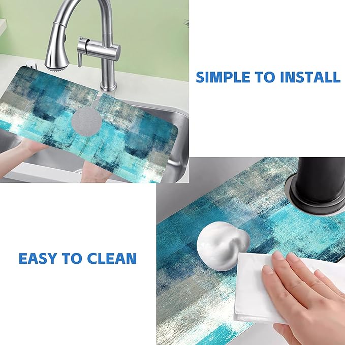 Abstract Teal and Grey Geometric Dish Drying Mat for Kitchen Sink Splash Guard Behind Faucet Sink Mat Absorbent Fast Drying Faucet Draining Mat for Bathroom Kitchen 5.5"×15"