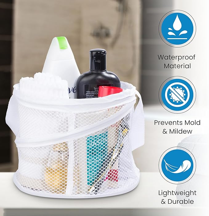 Handy Laundry Foldable Shower Caddy - Collapsible, Portable, Drainage Hole, Carry Handle, Large Compartments, Great Organizer for Camp, Travel, Gym, and Dorm (White)