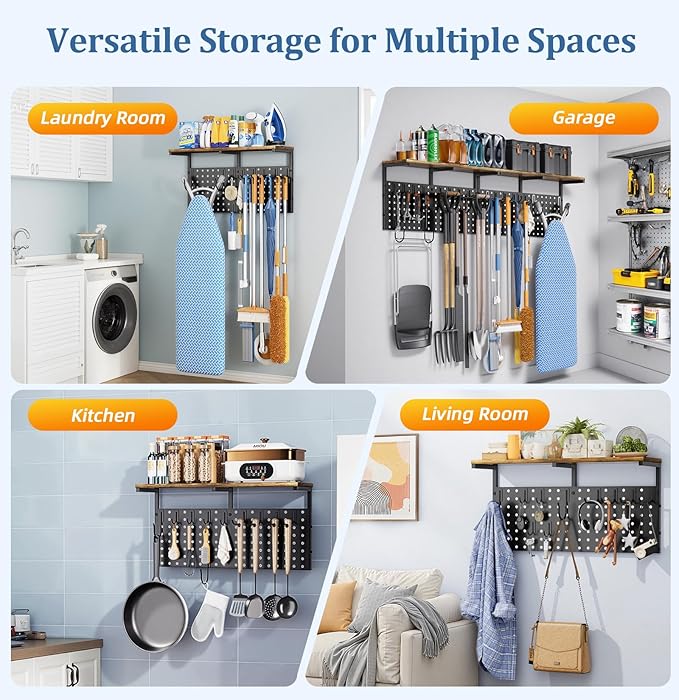 Ironing Board Hanger Wall Mount with Cleaning Supplies Organizer, Laundry Room Organization Storage Shelf with Iron Stand & Broom Mop Holder Hooks, Utility Rack for Home Garage Kitchen