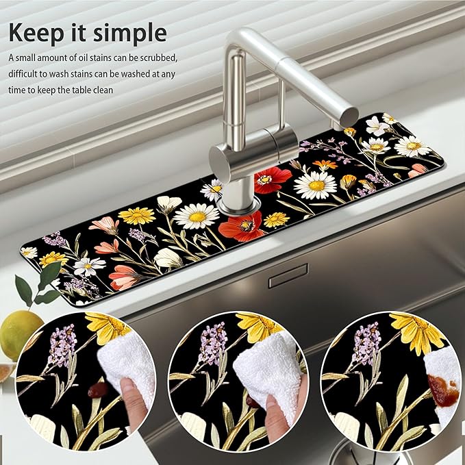 Bimkole 2 PCS Faucet Absorbent Mat, Kitchen Faucet Sink Splash Guard Wraparound Cloth Pads Drip Catcher for Sink Faucet for Kitchen Bathroom Faucet, Colorful Faucet Mat, 15 x 4 Inch Flower A1