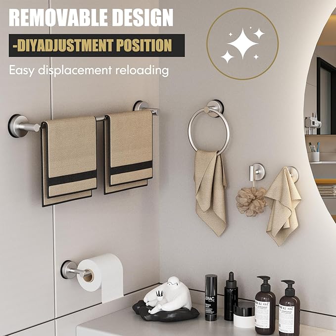 BKV Suction Cup Towel Ring,Hand Towel Holder for Bathroom,Stainless Steel Heavy Duty Round Towel Hanger for Bath,Kitchen-Brushed Nickel Silver