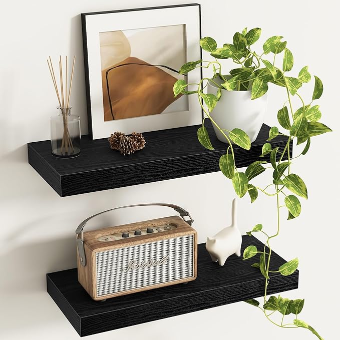 Fun Memories Deep Floating Shelves - 16" W x 9.3" D x 1.6" H Rustic Black Wall Shelf - Wall Mounted Shelves for Storage - Wooden Shelves with Invisible Brackets for Living Room, Farmhouse - Set of 2