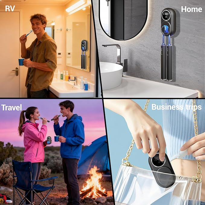 Smart Electric Toothbrush Holders for Bathrooms,Travel Toothbrush Holder with Motion-Sensing Cover,Auto-Clean & Instant Dry,2 Brush Slots,LED Display & USB Rechargeable (Black)