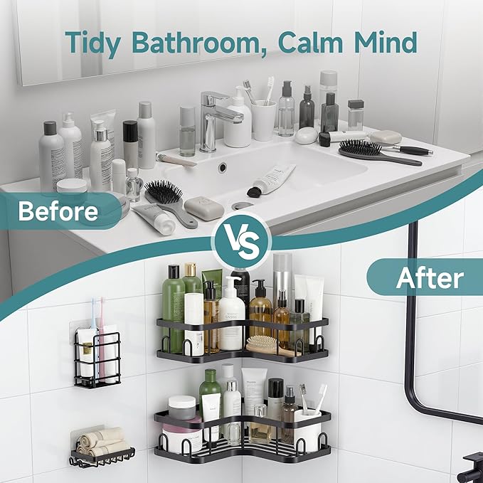 Veken Corner Shower Caddy 4-Pack, Advanced Rustproof Design, No Drilling Adhesive Shelves, Rack with Soap Holder, Large Capacity Bathroom Organizers and Storage, Wall-Mounted Kitchen & Home Decor