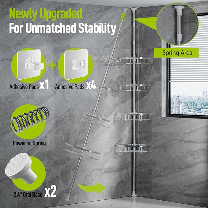LAMU Corner Shower Caddy Tension Pole, Stainless Steel Shower Organizer, Strong Spring, 5 Adhesive Pads, 2.4" Non-Slip Grid Base, Adjustable 4-Tier Basket, 4 Hooks, Fits Heights 37.8-124", Silver