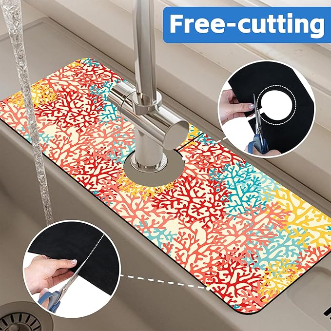 Colorful Sea Corals Dish Drying Mat for Kitchen Sink Splash Guard Behind Faucet Sink Mat Absorbent Fast Drying Faucet Draining Mat for Bathroom Kitchen 5.5"×15"