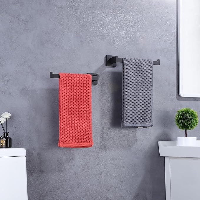 LANC Bathroom Hand Towel Holder 10 Inche Matte Black Hand Towel Bar 2 Pack Left and Right Side Square Towel Ring for Kitchen Toilet Wall Mount Stainless Steel Modern Towel Rack,A8806MB-LRP2