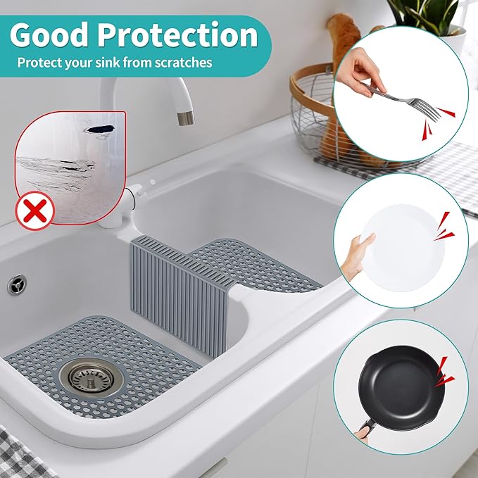 3 Pack Sink Mat and Sink Saddle Set, Sink Protectors for Kitchen Sink, Silicone Sink Saddle Mat Dishwasher Safe, Non Slip Folding Sink Grid to Protect Sink from Stains, Damage, Scratches