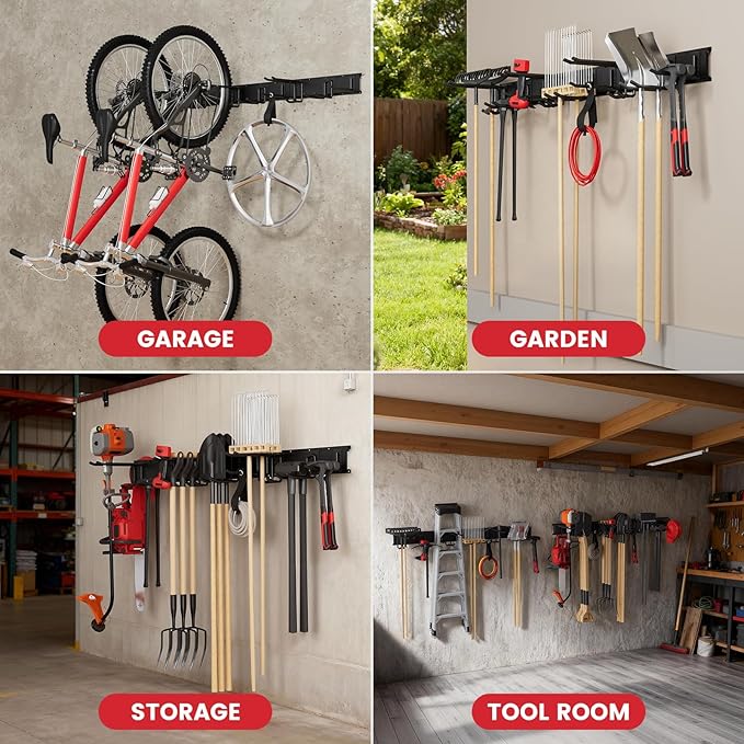 66" Heavy Duty Wall Mounted Garage Tool Organizer – 4 Panels & 12 Adjustable Hooks, 920 lbs Load Capacity, Modular Storage for Efficient Tool Organization, Easy Install in Garage, Garden, 18 Pack