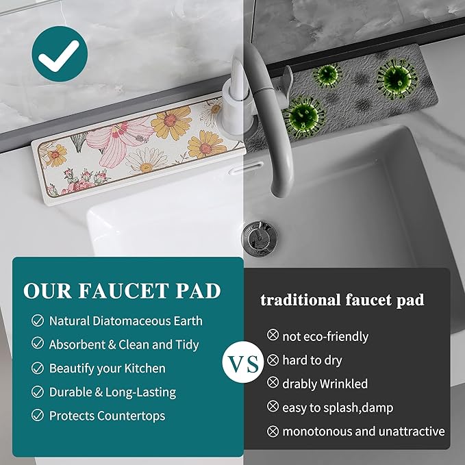 Stone Faucet Mat for Kitchen Sink, Diatomite Stone Sink Tray, 23.6" Super Absorbent Mat for Bathroom Counter, Prevents Moisture Buildup, Stone Drying Mat, Fast Drying Faucet Splash Guard