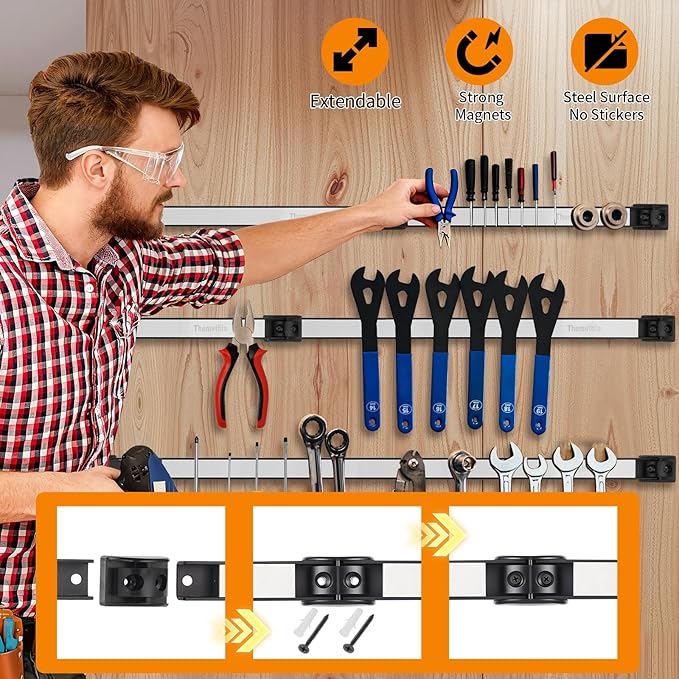 18" Magnetic Tool Holder Strip, 4 Pieces Silver Metal Tool Organizer Rack with Stainless Steel Surface, Magnet Bar for Garage Workshop, Easy To Install with Mounting Screws