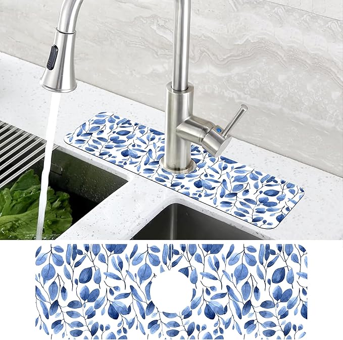 Watercolor Blue Leaves Sink Faucet Absorbing Mat Sink Splash Guard Faucet Mat Draining Mat Fast Drying Sink Protectors for Kitchen and Bathroom 5.5"×15"
