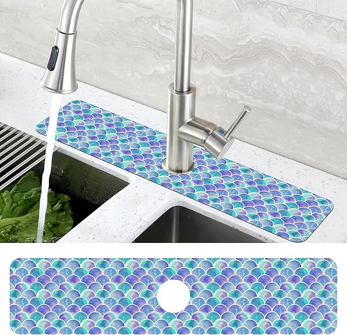 Watercolor Rainbow Scales Sink Faucet Absorbing Mat Sink Splash Guard Faucet Mat Draining Mat Fast Drying Sink Protectors for Kitchen and Bathroom 5.5"×24"