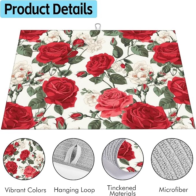 Large Dish Drying Mat for Kitchen Counter,18"X24" Red Rose Flowers Super Absorbent Reversible Microfiber Dish Drying Mat Dish Drainer Mat,Dishes Mat Drying Pad for Kitchen Countertop Coffee Bar