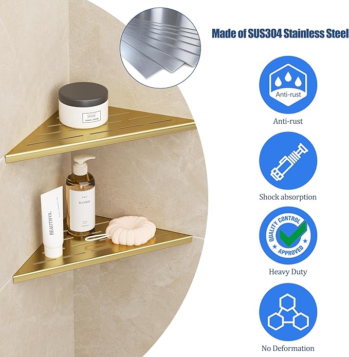 Neodrain 10 Inch Golden Corner Shower Shelves,Set of 2, Gold Corner Shelf for Tile Wall Insert, 304 Stainless Steel Shower Storage Shelves for Bathroom,No Drilling