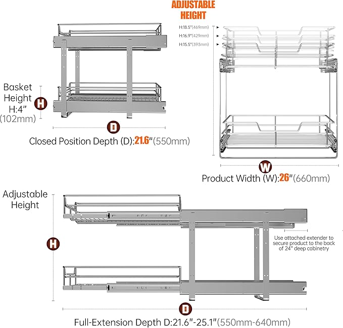 (26" W x 22" D 2-Tier Cabinet Roll Out Shelves | Extra Wide Slide Out Drawers for Kitchen Cabinets, Heavy Duty Pull Out Cabinet Organizer 22 Inch Deep