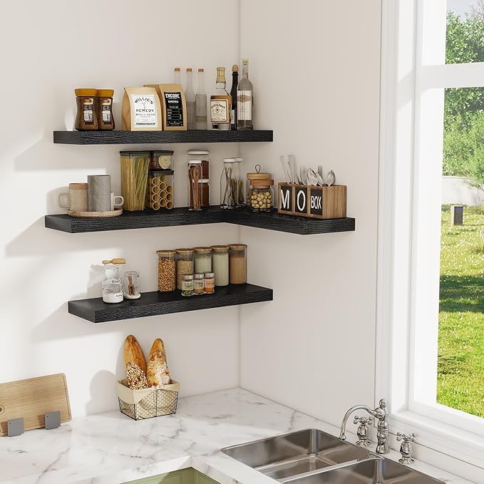 Fun Memories Black Floating Shelves for Wall, 32W x 8D Floating Wall Shelves with Invisible Brackets Set of 2, Hanging Rustic Wood Shelf Decoration for Bedroom, Bathroom, Living Room and Kitchen
