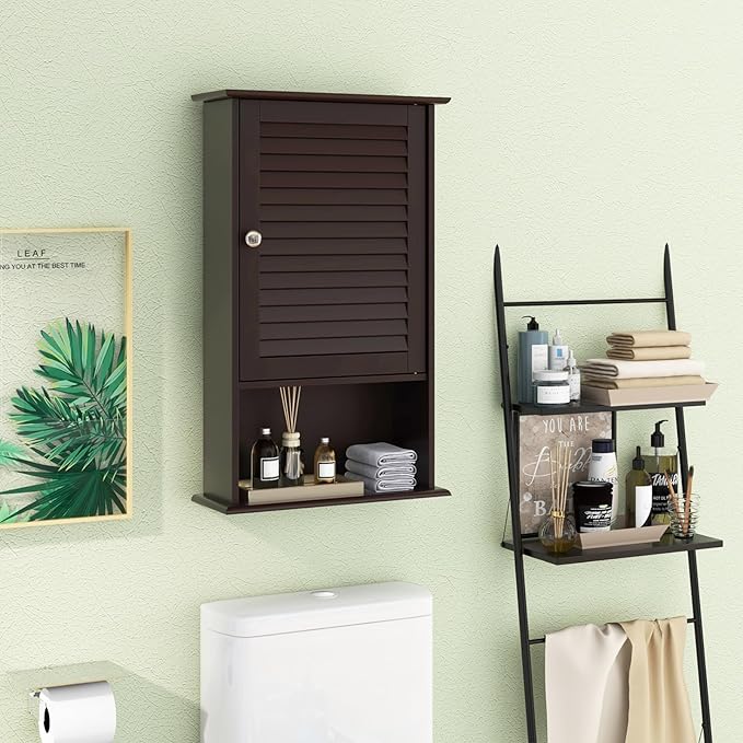 Tangkula Medicine Cabinet, Wall Mounted Bathroom Cabinet Single Door Wooden Bathroom Wall Cabinet with Adjustable Shelf (Brown)