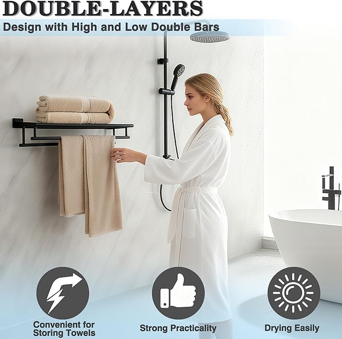 Alise Towel Rack for Bathroom Wall Mount,Double Towel Bars for Bathroom,28 Inch Bathroom Towel Holder Double Towel Bars with Shelf,SUS304 Stainless Steel Towel Hanger for Bathroom Walls,Matte Black