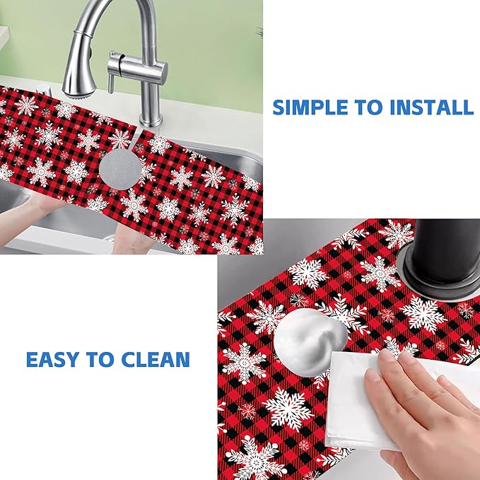 Christmas Snowflake Kitchen Sink Splash Guard Mat Buffalo Plaid Absorbent Fast Drying Mat Faucet Draining Mat Sink Splash Guard Behind Faucet Drip Catcher for Kitchen Bathroom 5.5"×24"