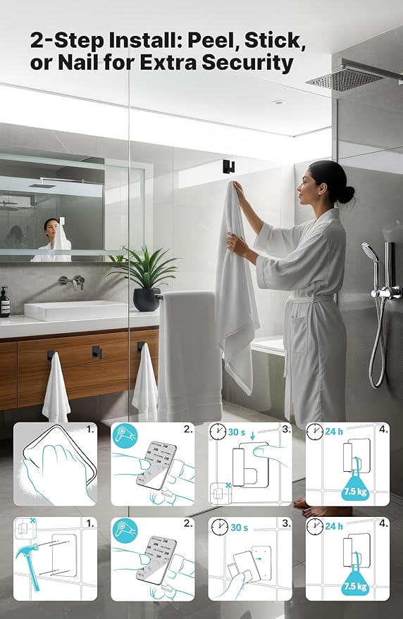 Adhesive Towel Hooks for Bathrooms, Set of 4 Black Self-Adhesive Robe Rack, Heavy Duty Hooks - Includes Backup Mounting Nails Black, No Drill Needed