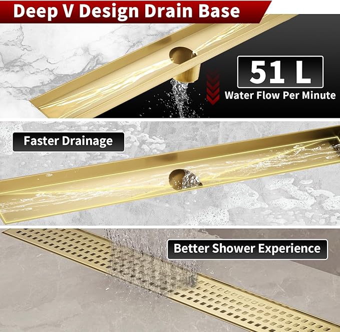 Sharp-tec 24 inch Linear Shower Drain, Gold Rectangular Floor Drain, V-Shape Design Drain Channel, 304 Stainless Steel, cUPC Certificated for Bathroom Shower (Drain Base is Not Included)