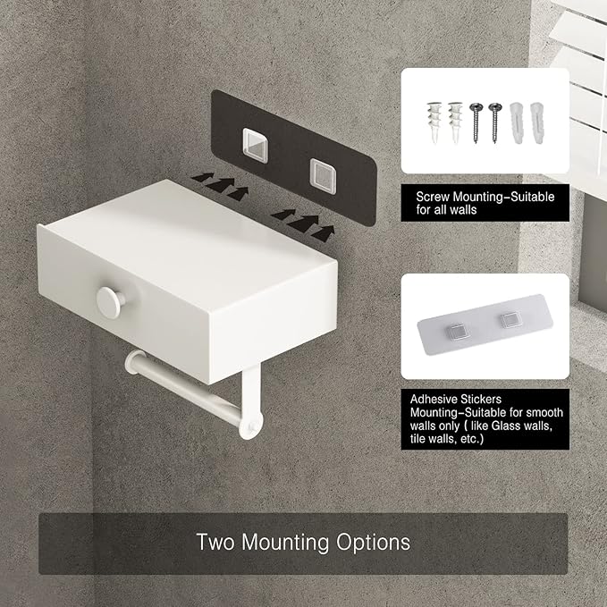 VOLDRA Toilet Paper Holder with Shelf White Wipes Dispenser for Bathroom Toilet Paper Holder with Storage Upgrade Drawer Design Toilet Tissue Holder Adhesive Small Bathroom Shelf Wall Mount