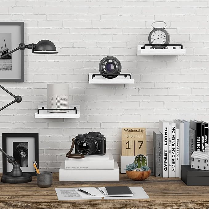 Small Floating Shelf, 6 X 6 Inches Farmhouse Wall Shelves for Living Room, Bedroom, Picture Frames, Plants, Kitchen, Set of 3 (White and Black)